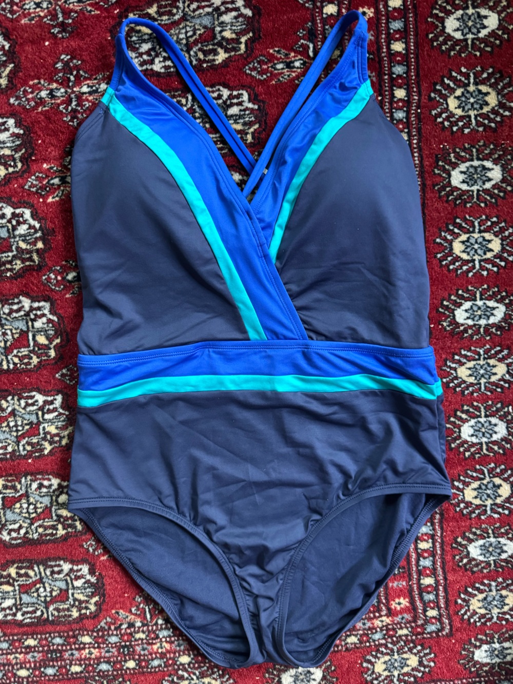 Sonnet Shores Navy One-Piece Swimsuit with Teal & Royal Blue Stripes Size 10 NWT